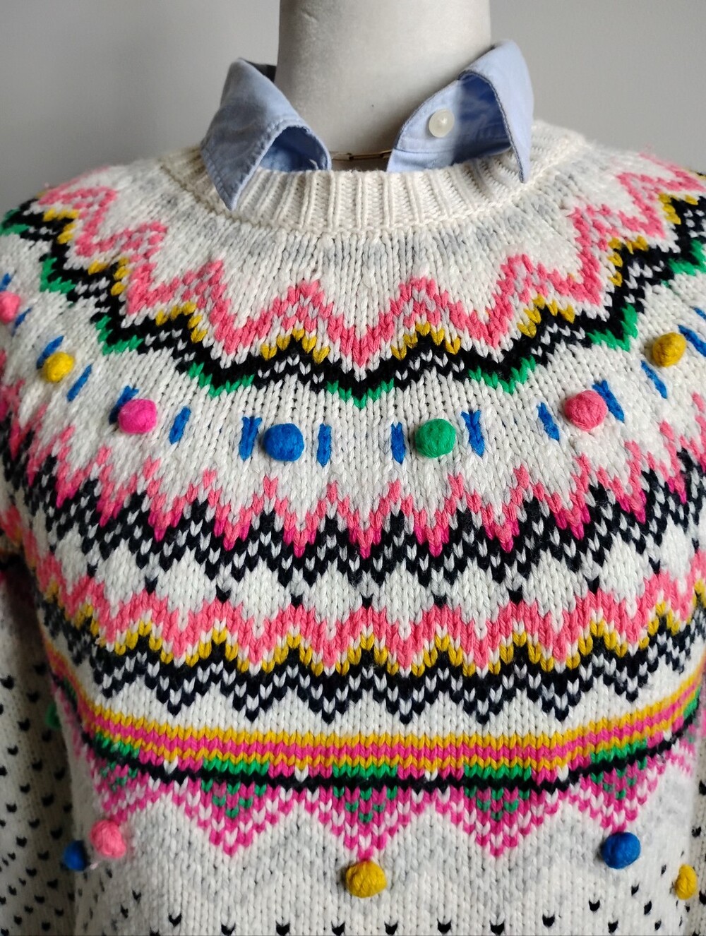 Talbots Pom Pom Fair Isle Crewneck Sweater Colorful Classic White Size Medium P